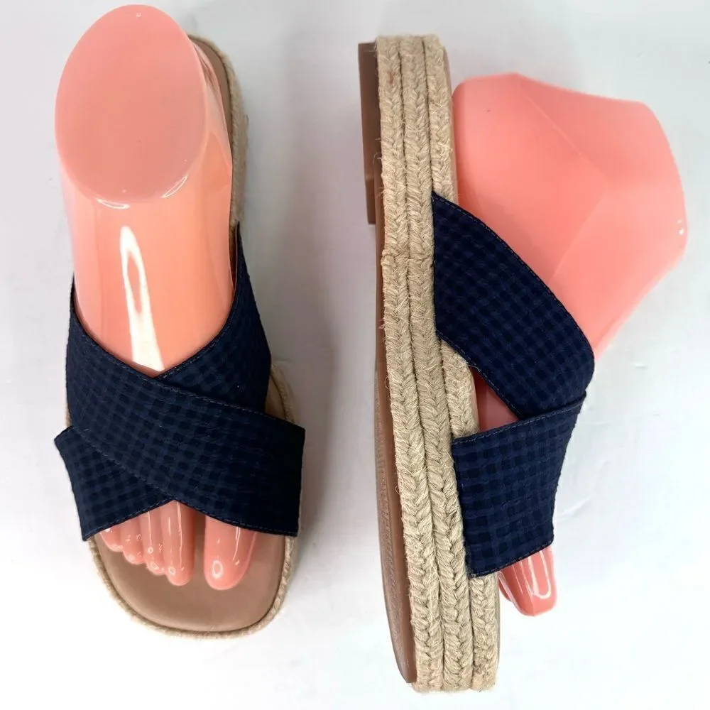 NWOB! Lucky Brand Gayte Espadrilles Slides Slip On Check Blue Sandals Sz 7.5